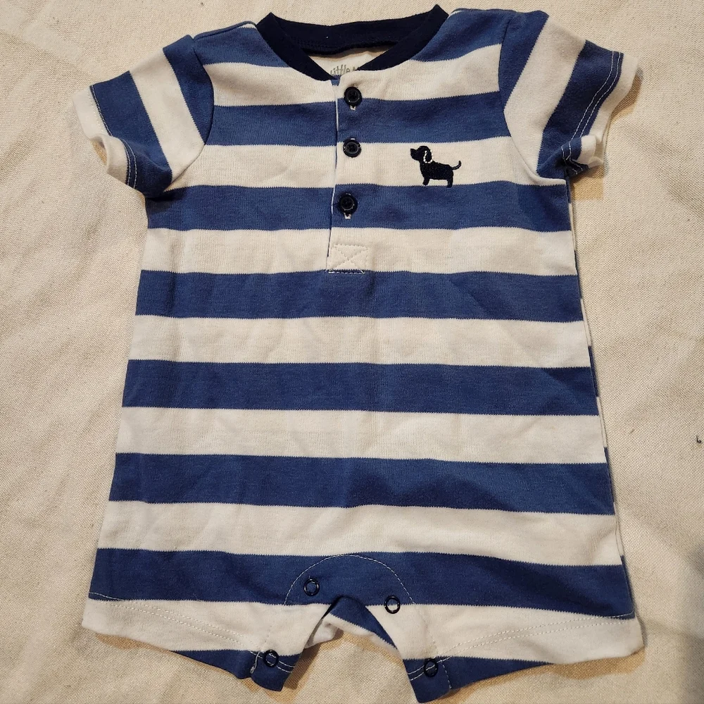 Little Me Baby Boy Striped Henley Romper Puppy Dog Blue White 3M